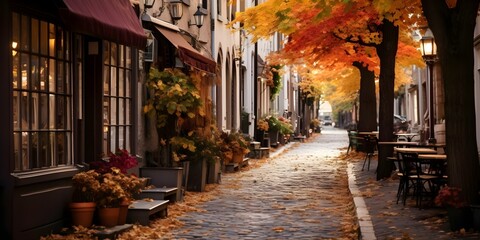 Fototapeta premium Autumn Charm: Cobblestone Street in Quaint Town Adorned with Fall Decorations. Concept Autumn Charm, Cobblestone Street, Quaint Town, Fall Decorations