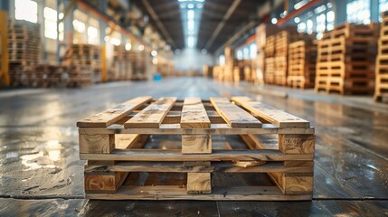 Wooden pallet stacked in empty warehouse