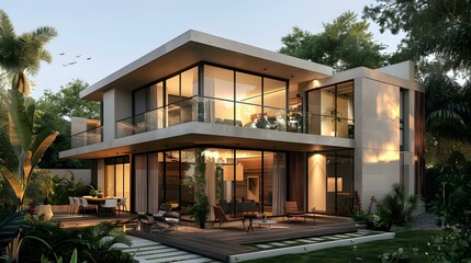 Obraz premium Modern concrete house with palm trees