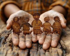 Handcrafted wooden family figures are held in a child's dirty hands, emphasizing the simplicity and warmth of connections and creativity.