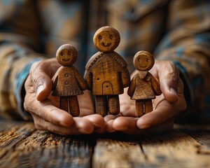 Close-up of hands holding three wooden family figurines, symbolizing unity, care, love, and protection on a rustic wooden surface. - Powered by Adobe