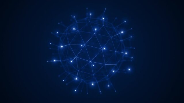 Abstract sphere of plexus of glowing blue dots and lines on a dark blue background with depth of field. Seamless loop.