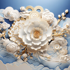 Gentle 3D background with flowers. Detailed flowers. Abstraction. Fantasy. Chinese style. Floral background with peonies. Gold details. Digital. Clouds