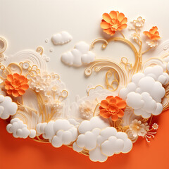 Gentle 3D background with flowers. Detailed flowers. Abstraction. Fantasy. Chinese style. Floral background with peonies. Gold details. Digital. Clouds