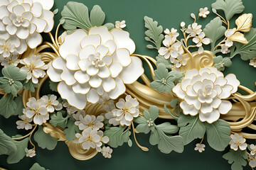 Gentle 3D background with flowers. Detailed flowers. Abstraction. Fantasy. Chinese style. Floral background with peonies. Gold details. Digital. Clouds