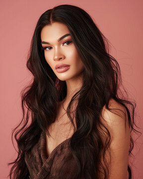 Glamorous woman, trans diva red lips and golden makeup. Elegant portrait with sparkling background