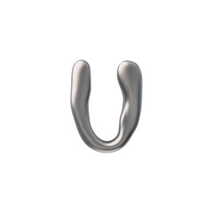3D glossy silver letter U with liquid metal surface, vector realistic metallic bubble form y2k font voluminous chrome