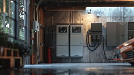 battery packs alternative electric energy storage system at home garage wall as backup or sustainable energy concepts