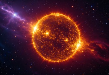 Sun image from space, bright prominences, sunspots. Magnetic storm. Cosmic radiation. Concept of space. Banner, poster, background, copy space