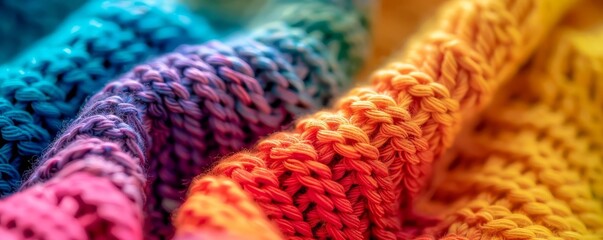 Closeup of colorful knitted fabric in rainbow colors.