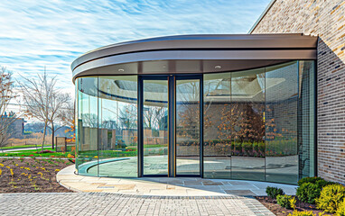 Curved glass door with a sleek, frameless design, capturing the beauty of the surrounding architecture.