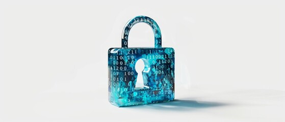 Digital padlock with binary code overlay, symbolizing cybersecurity and data protection on a white background.