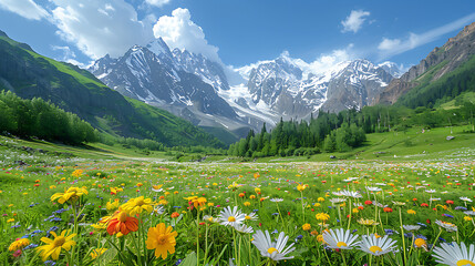aweinspiring image of Naltar Valley lush green meadow colorful alpine flower set against backdrop of snowcovered peak GilgitBaltistan valley's pristine beauty scenic landscape make paradise trekking s