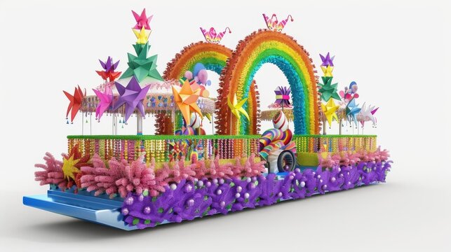 Colorful parade float with rainbows, balloons, and flowers, showcasing festive and vibrant decorations for celebrations and festivals.