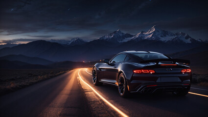 A black sports car is on an asphalt road in the mountains at night © Taimoor
