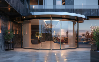 Curved glass door with a sleek, frameless design, capturing the beauty of the surrounding architecture.