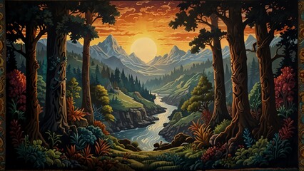 This image is of a forest with a river running through it. There are mountains in the background and the sun is setting.