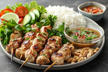 Fototapeta premium Plate of Chicken Skewers With Rice and Vegetables