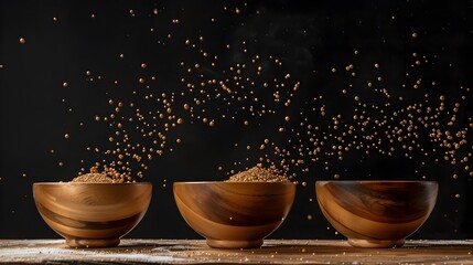 Levitating Wooden Mixing Bowls Blending Ingredients with Ethereal Precision
