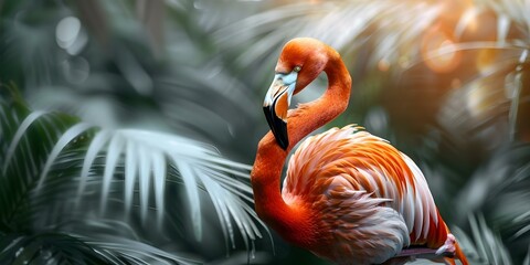 Glamorous Flamingo in Exquisite Tropical Paradise Setting Displaying Charm. Concept Exotic Flamingo, Tropical Paradise, Glamorous Setting, Charm Display, Exquisite Enviro