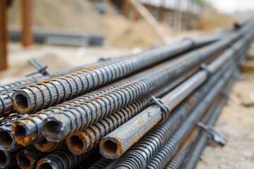 Pile of construction rebars with selective focus, used for reinforcing concrete in buildings or bridges