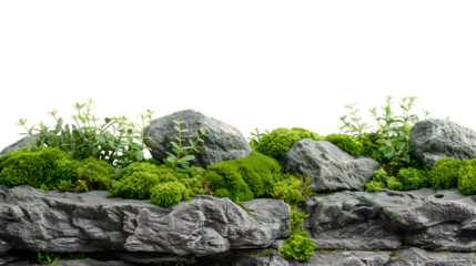 Green moss on  rocks in a natural landscape on transparent background.