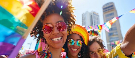 Happy group of friends celebrating at a colorful outdoor festival with rainbow flags and decorations under a bright sunny sky.