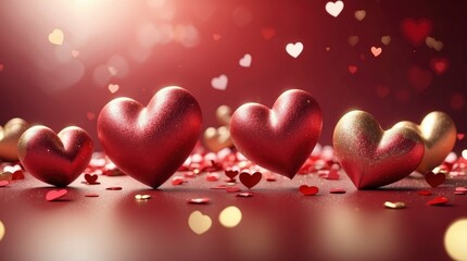 Magical St. Valentine's Day abstract background with a touch of romance, showcasing red hearts and golden bokeh glitter, perfect for celebrating love and affection