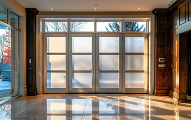 Fototapeta premium Double glass doors featuring a mix of clear and frosted panels, framed by polished wooden accents.