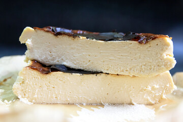 Basque Burnt Cheesecake sliced on baking paper.