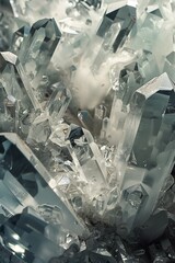 Fototapeta premium A close-up of a shining cluster of clear crystal formations with sharp edges and reflective surfaces