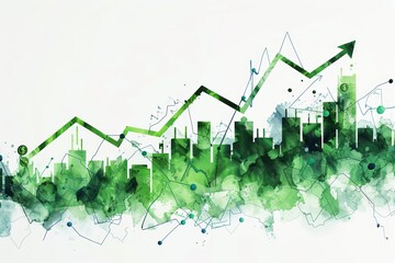 Abstract green financial growth chart with cityscape. Business and economic progress theme in watercolor style for stock photography.