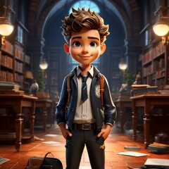 cartoon character smart boy in the library. Smart Kid. 3d style.