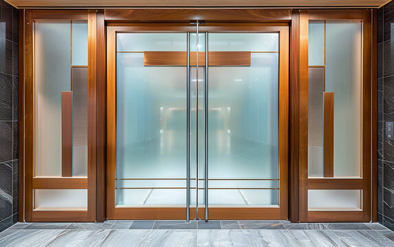 Double glass doors featuring a mix of clear and frosted panels, framed by polished wooden accents.