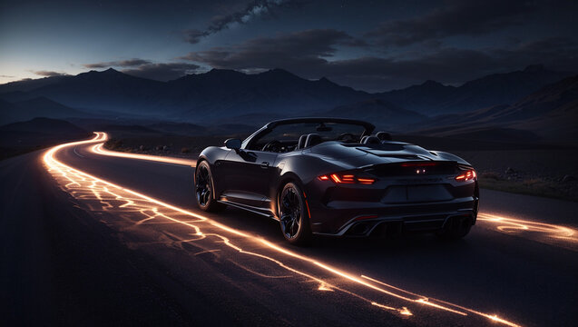 A black sports car is on an asphalt road in the mountains at night