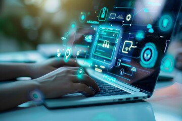 Fototapeta premium Person using laptop with holographic interface displaying data and security icons, technology concept.