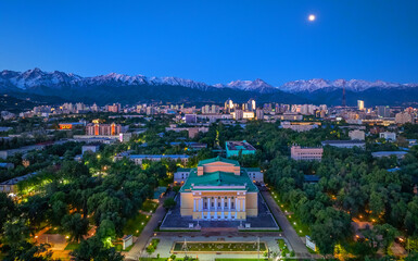 Aerial view of the central part of the city of Almaty with the Opera and Ballet Theater 