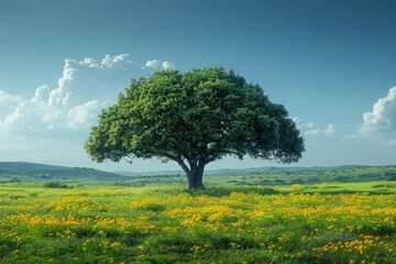 A single robust tree stands at the center of a verdant meadow dotted with bright yellow flowers under a blue sky