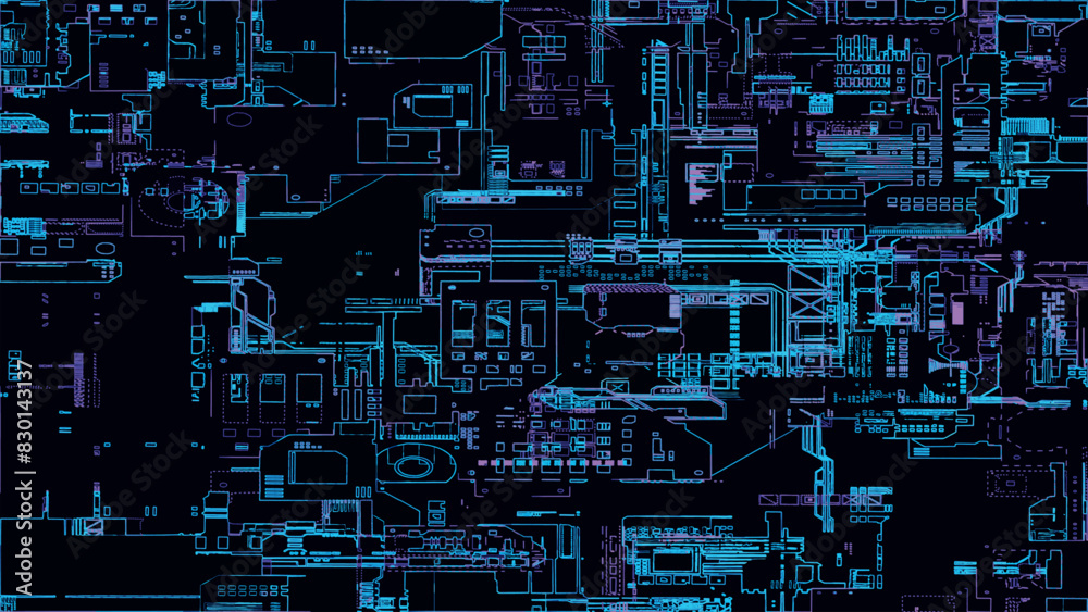 Poster printed circuit board. visualization of advanced technology concept: pcb processor microchip, digiti