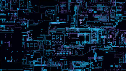 Printed circuit board. Visualization of advanced technology concept: PCB processor microchip, digitization of neural networks and cloud computing. Digital lines transmit data. Vector illustration.