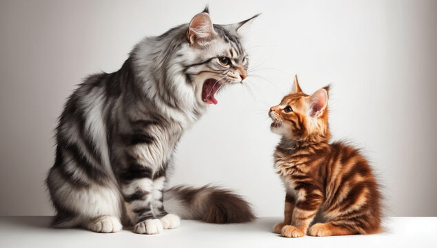 
Photo of two cats on a neutral background. The big cat on the left, who looks like a Maine Coon, has her mouth open as if she is about to hiss at a small kitten