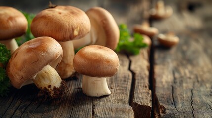 top view close up fresh harvested Shiitake mushrooms on wooden table, rustic farmland atmosphere 