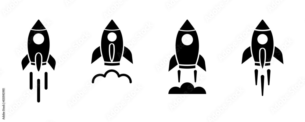 Poster set of rocket vector icons. launch spaceship or spacecraft. rocket fast flying for space. new busine