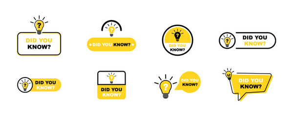 Set of yellow did you know vector stickers. Creative question or fact. Vector 10 Eps.