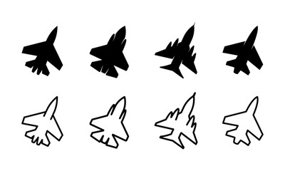 Set of airplane jet vector icons. Fighter or military bomber. Black silhouette with warplane or supersonic aviation. Vector 10 Eps.