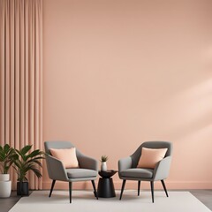 Peach fuzz trend color for 2024 in the premium living room with a painted mockup wall for art in peach pastel apricot warm tones, modern interior lounge design, accent premium gray chairs, 3D render

