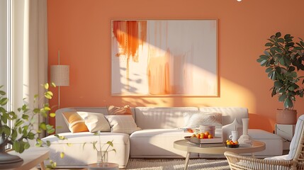A modern living Room in trend peach fuzz color, grey sofa with peach color paint wall. 3d rendering