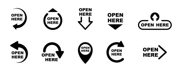 Open here icons vector set. Open here stickers or labels for package design. Special tag on box.