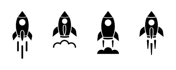 Set of rocket vector icons. Launch spaceship or spacecraft. Rocket fast flying for space. New business start up.