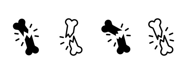 Set of broken bone vector icons. Fractured human bone. Crack or break. Vector 10 Eps.